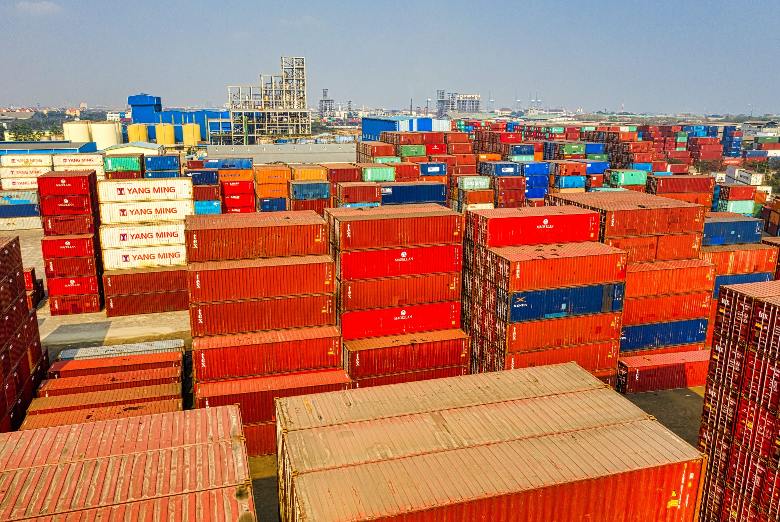 a seaport congested with cargo due to situations such as covid