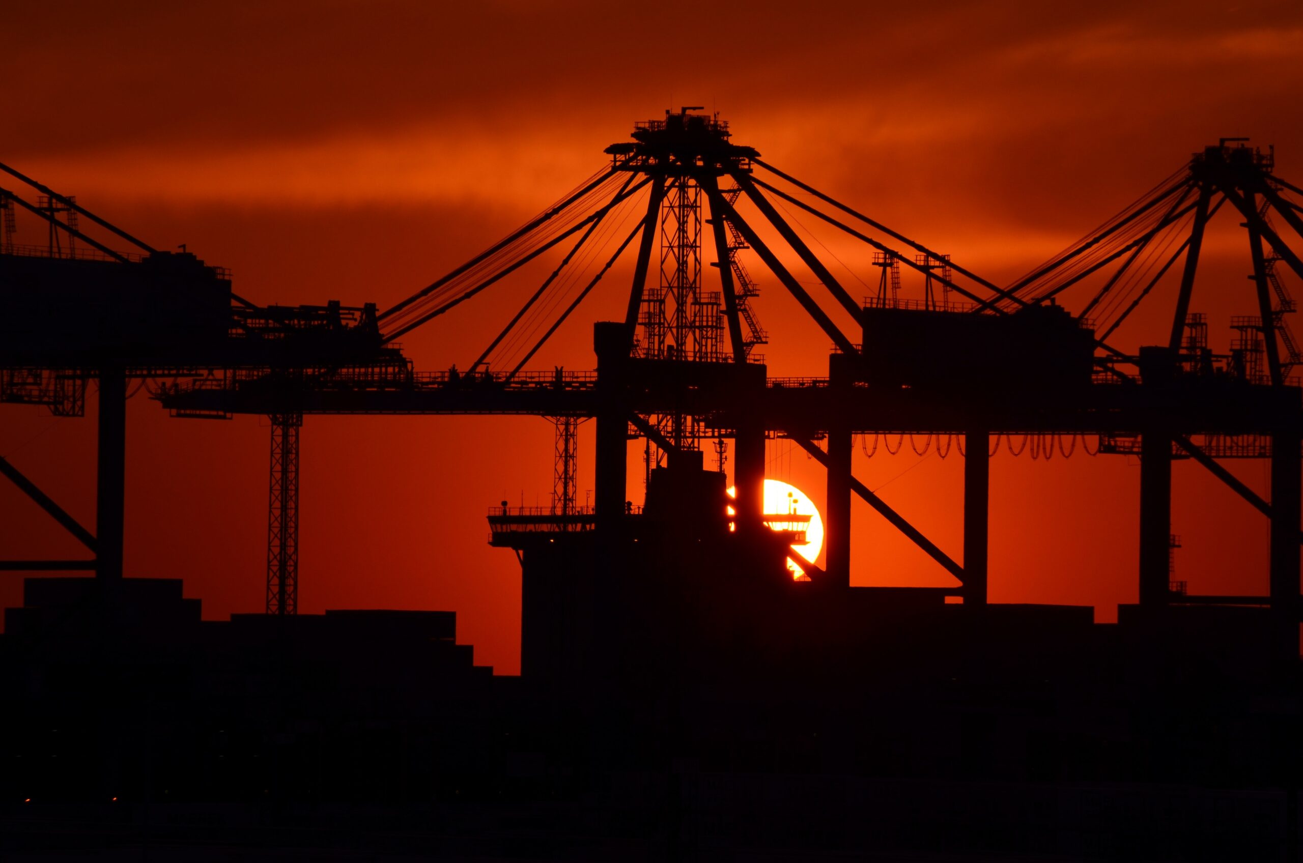 a seaport in the sunset