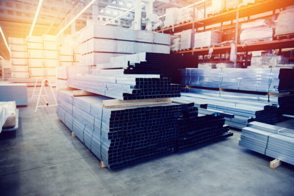 Construction materials in a warehouse being prepared for import.