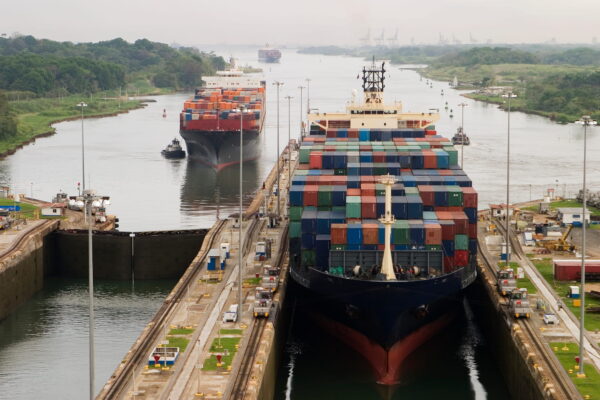 Containership transporting cargo through the Panama canal.